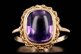 14K Yellow Gold 2.5 Carat Cabochon Amethyst Milgrain Chain Bezel Ring