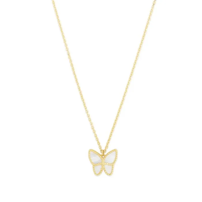 14K Yellow Gold Mother of Pearl Butterfly Pendant Necklace - 18"