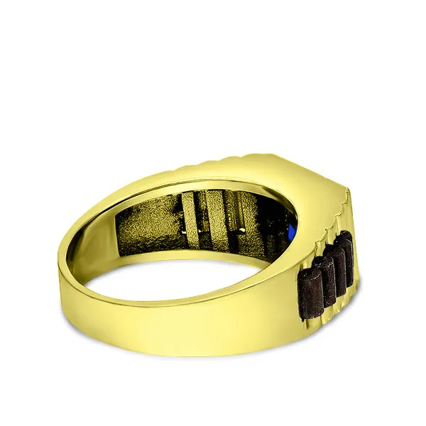 18K Yellow Gold Plated Men's Silver Sapphire Band Statement Ring