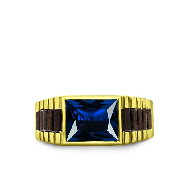 18K Yellow Gold Plated Men's Silver Sapphire Band Statement Ring