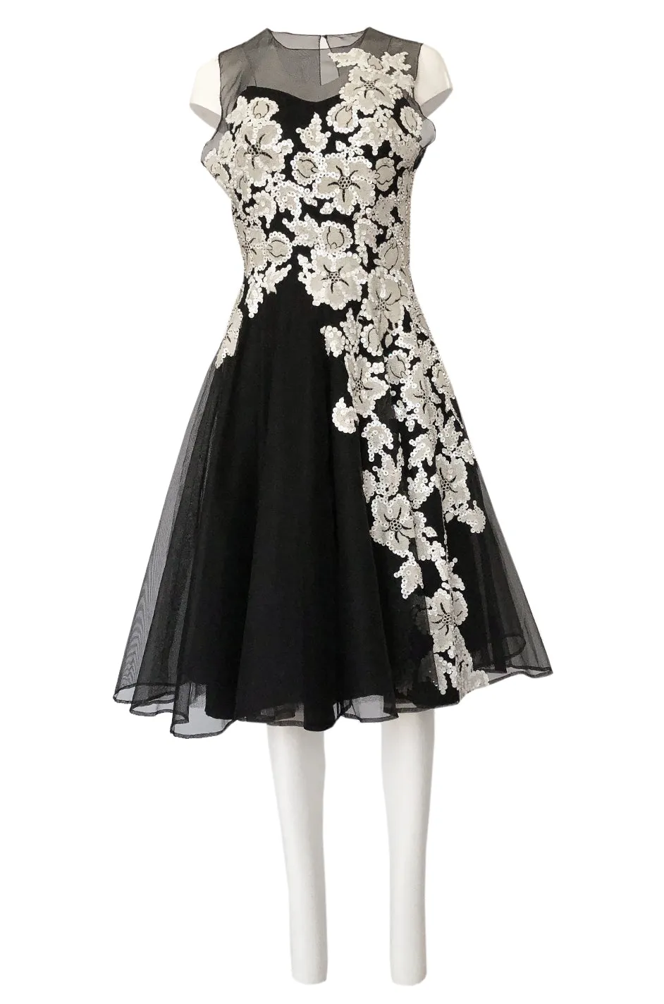 1950s I. Magnin Sequin & Bead Detailed Ivory Lace Applique Silk Dress