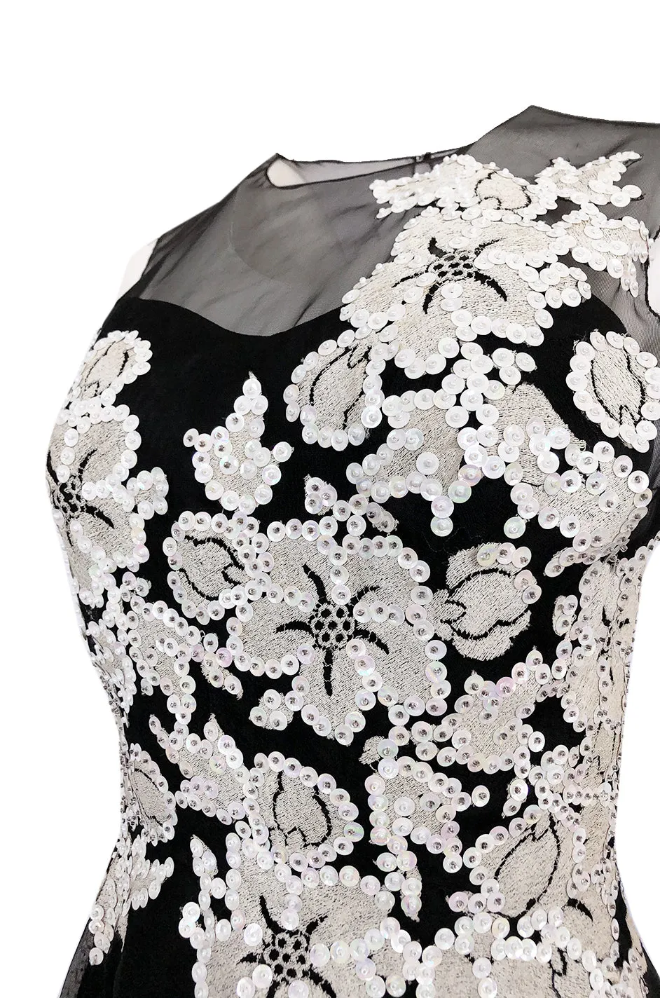 1950s I. Magnin Sequin & Bead Detailed Ivory Lace Applique Silk Dress