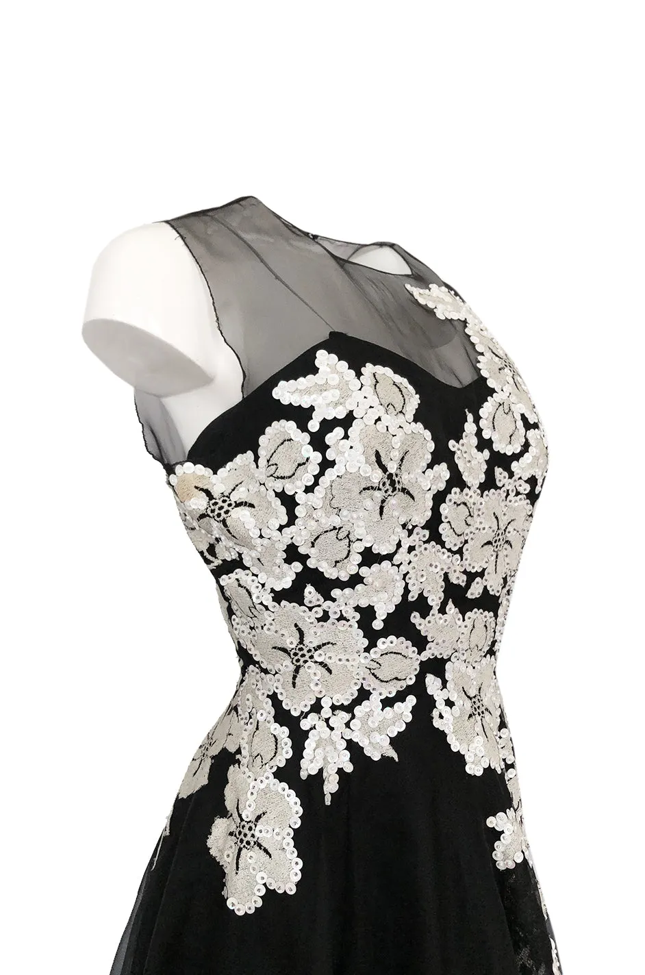 1950s I. Magnin Sequin & Bead Detailed Ivory Lace Applique Silk Dress