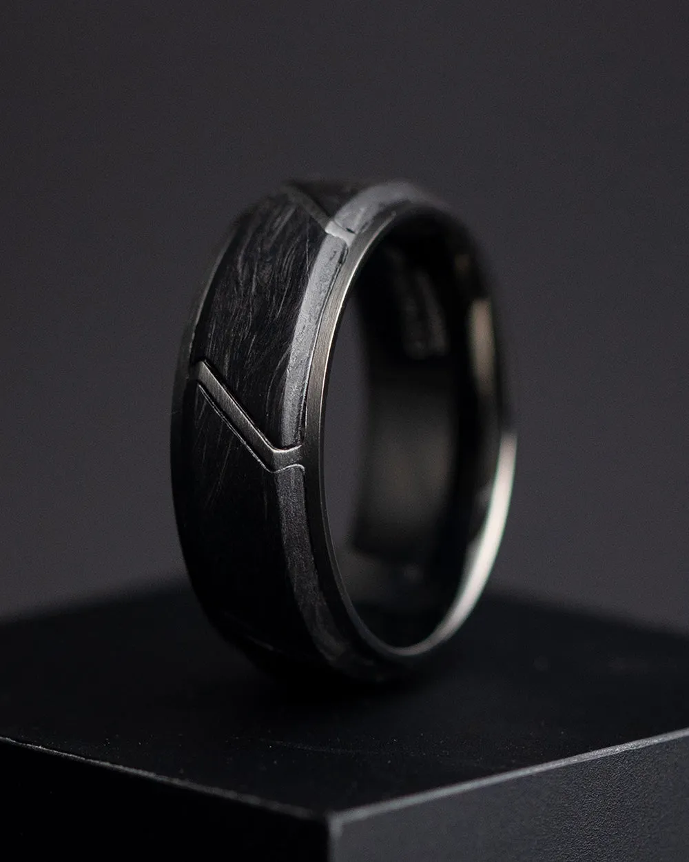 8mm Black titanium ring with Forged Carbon finish