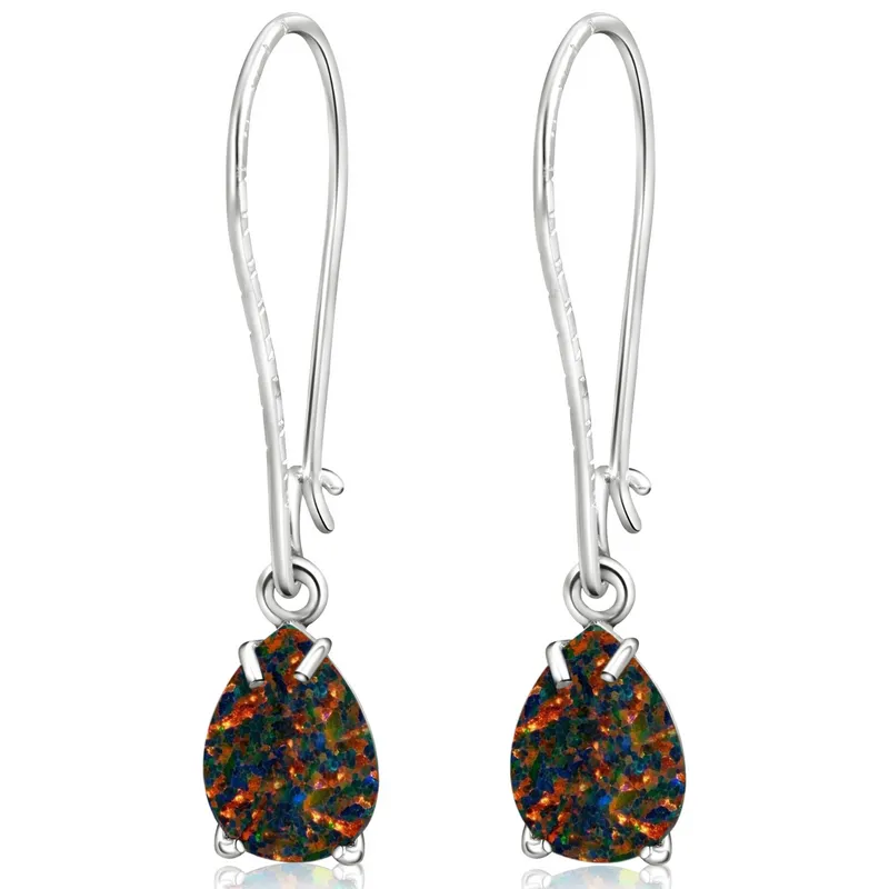 925 Silver Black Opal Drop Earrings - October Birthstone, 7X10mm Vintage Gift