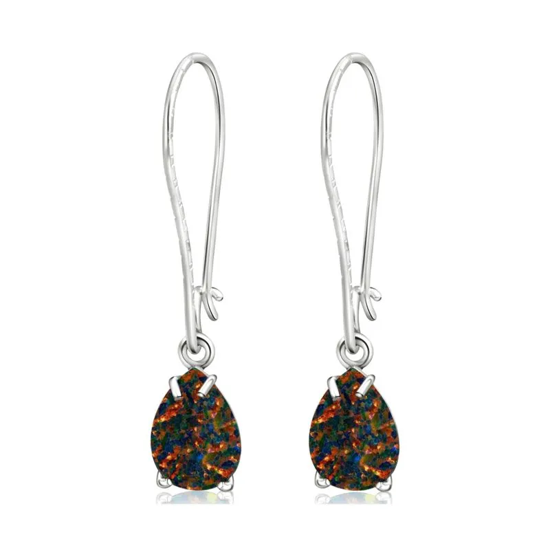 925 Silver Black Opal Drop Earrings - October Birthstone, 7X10mm Vintage Gift