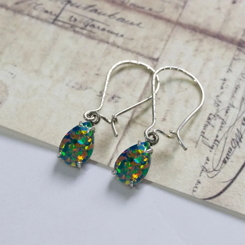 925 Silver Black Opal Drop Earrings - October Birthstone, 7X10mm Vintage Gift