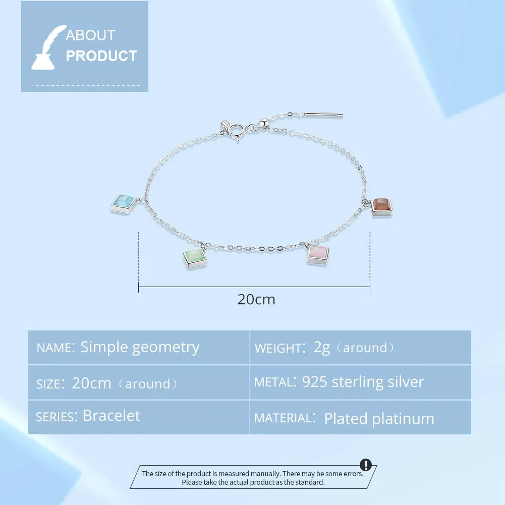 925 Sterling Silver Geometry Zircon Square Opal Stone Bracelet for Women