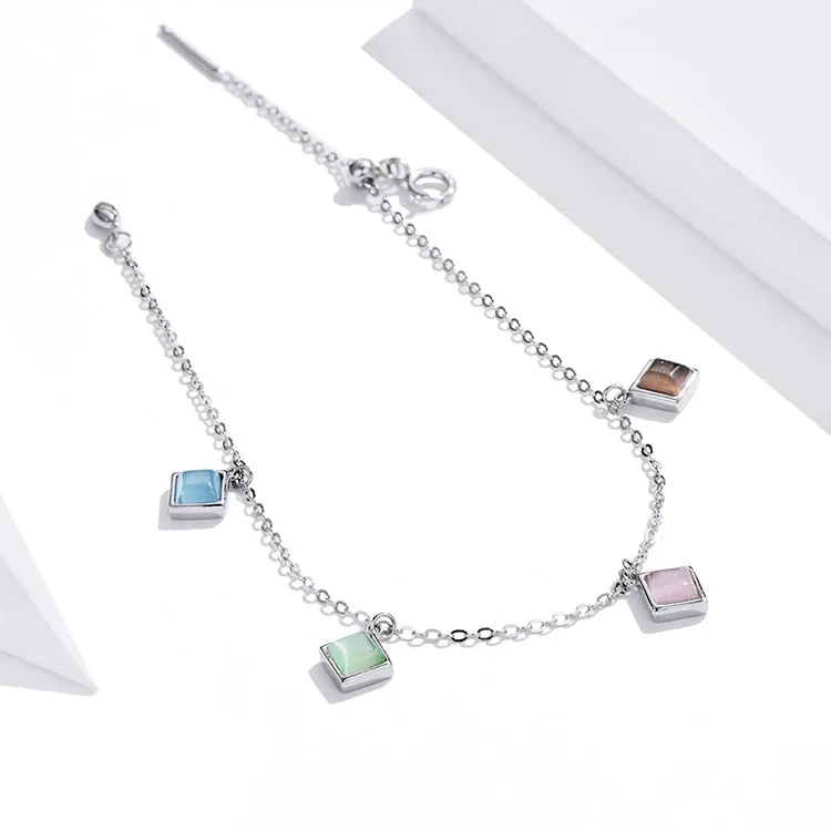 925 Sterling Silver Geometry Zircon Square Opal Stone Bracelet for Women