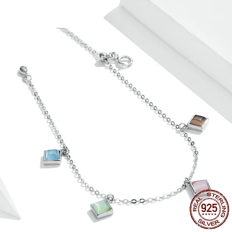 925 Sterling Silver Geometry Zircon Square Opal Stone Bracelet for Women