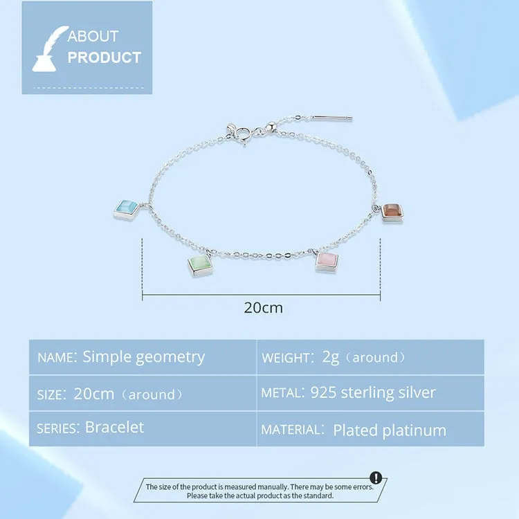 925 Sterling Silver Geometry Zircon Square Opal Stone Bracelet for Women