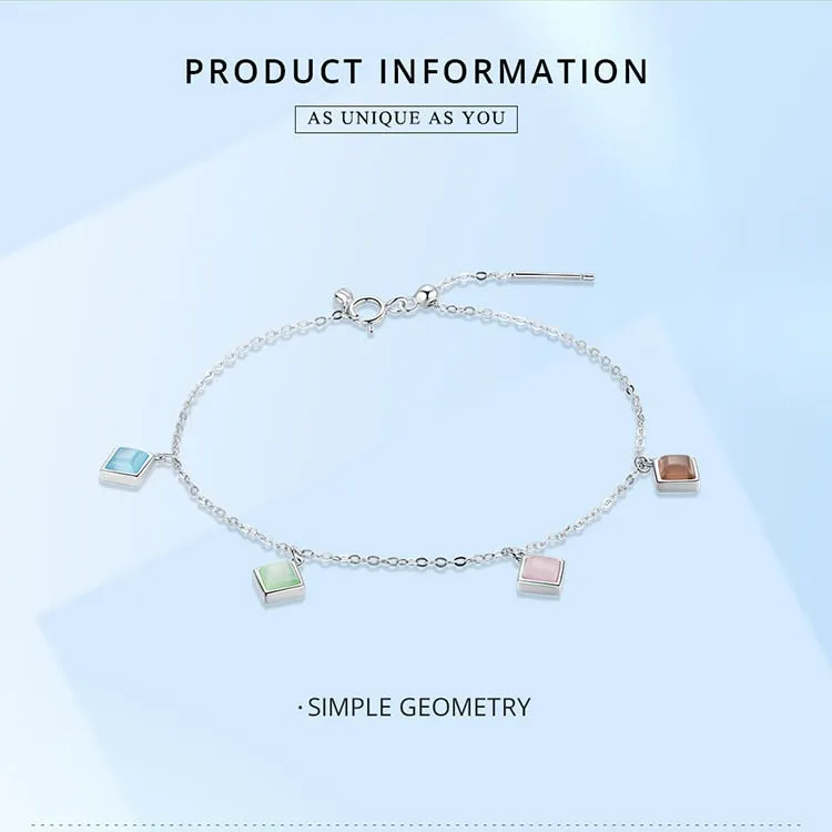 925 Sterling Silver Geometry Zircon Square Opal Stone Bracelet for Women