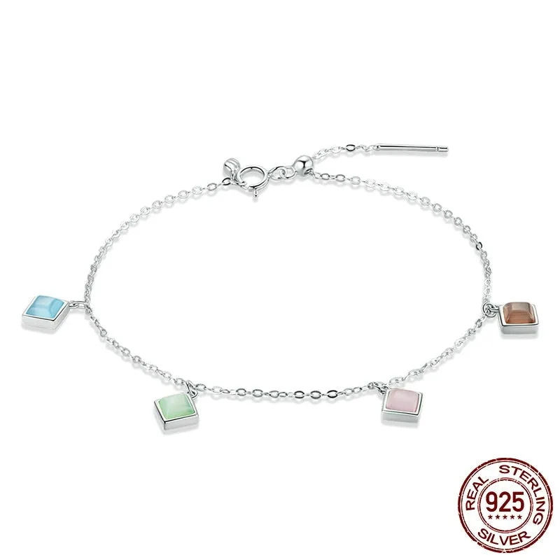 925 Sterling Silver Geometry Zircon Square Opal Stone Bracelet for Women