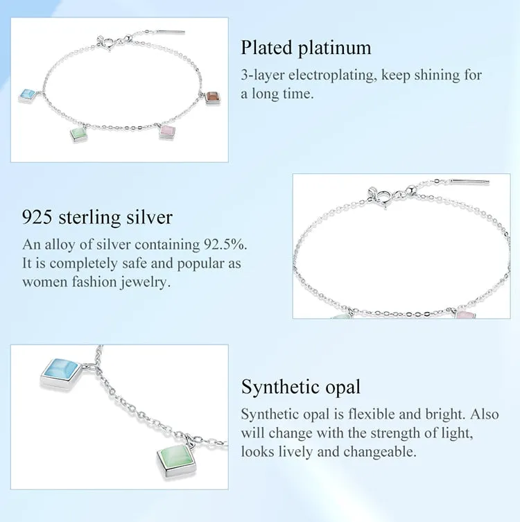 925 Sterling Silver Geometry Zircon Square Opal Stone Bracelet for Women