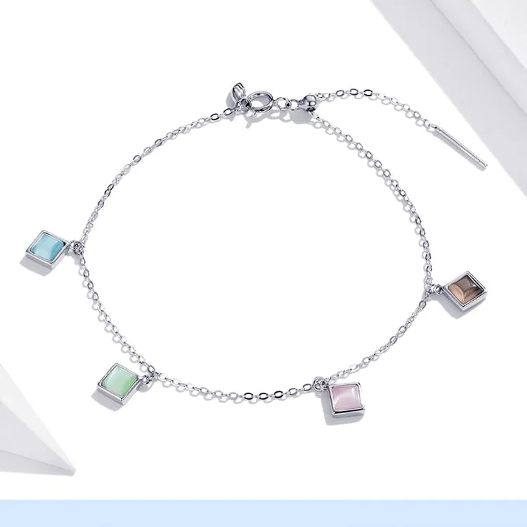 925 Sterling Silver Geometry Zircon Square Opal Stone Bracelet for Women