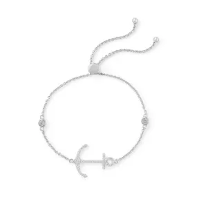 .925 Sterling Silver Rhodium Plated CZ Anchor Friendship Bolo Bracelet