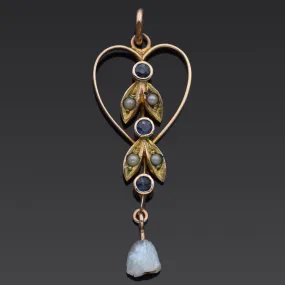 Antique Tanzanite & Seed Pearl 8K Yellow Gold Heart Pendant