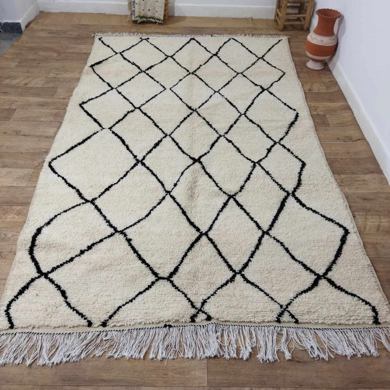 Authentic Beni ourain White and Black Rug - 6x10 Ft Wool Berber White & Black Carpet