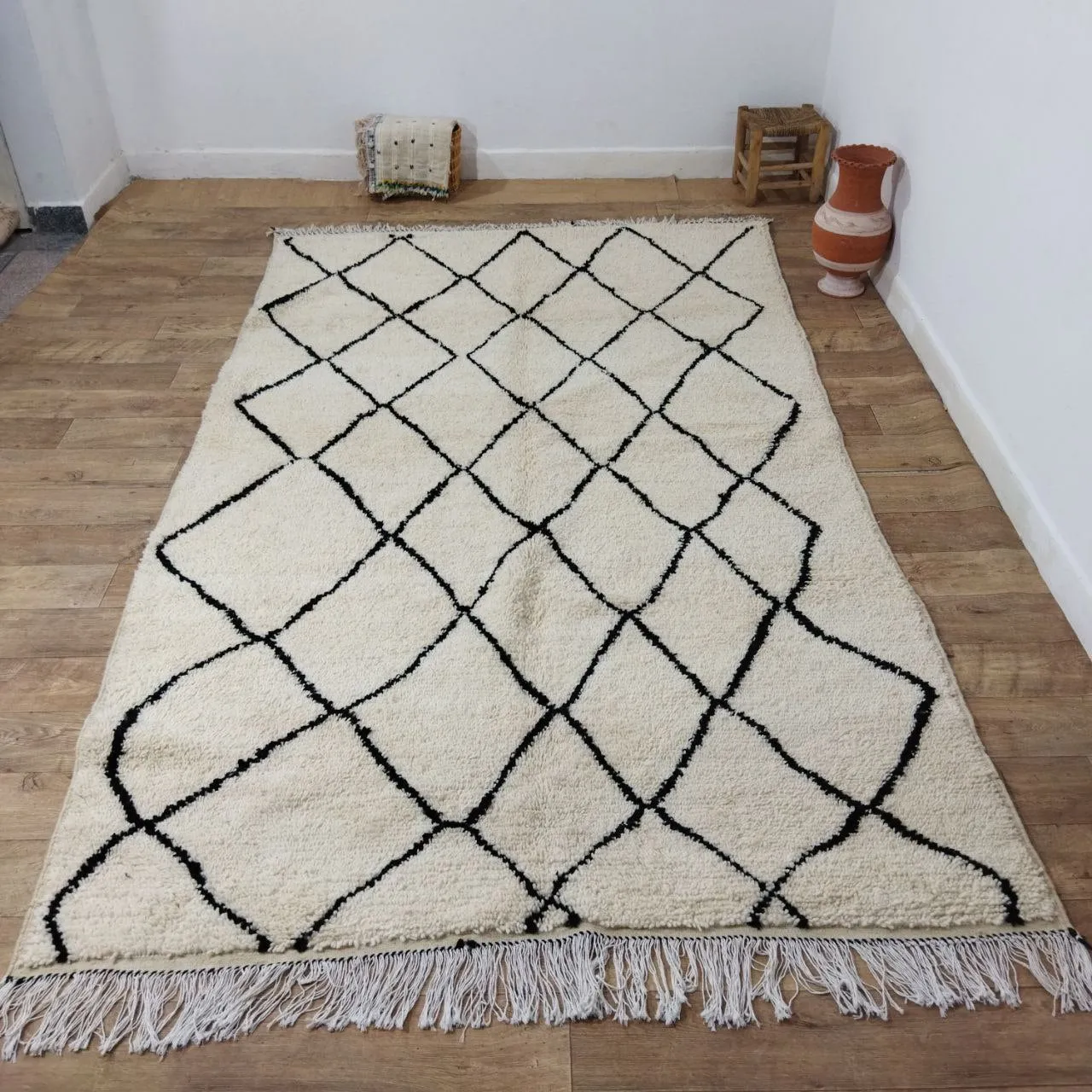 Authentic Beni ourain White and Black Rug - 6x10 Ft Wool Berber White & Black Carpet