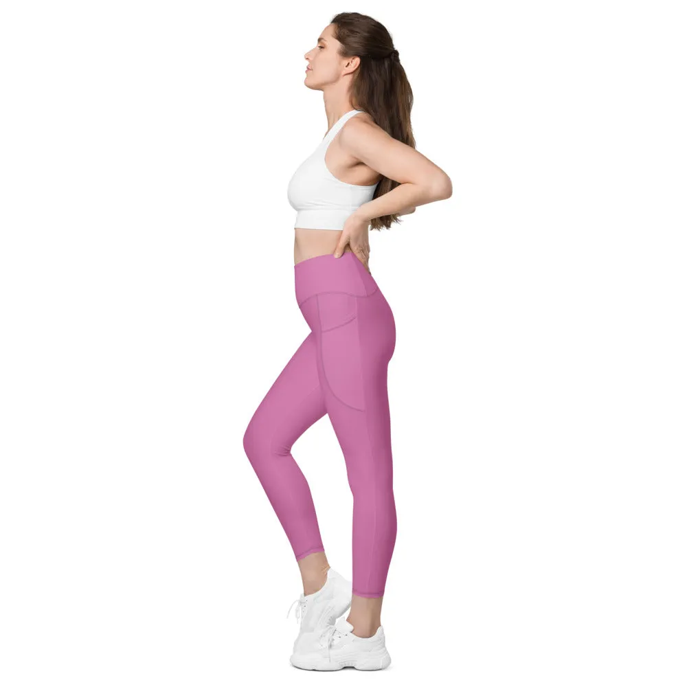 Baby Pink Color Women's Tights, Women's 7/8 Leggings With 2 Side Pockets - Made in USA/EU/MX