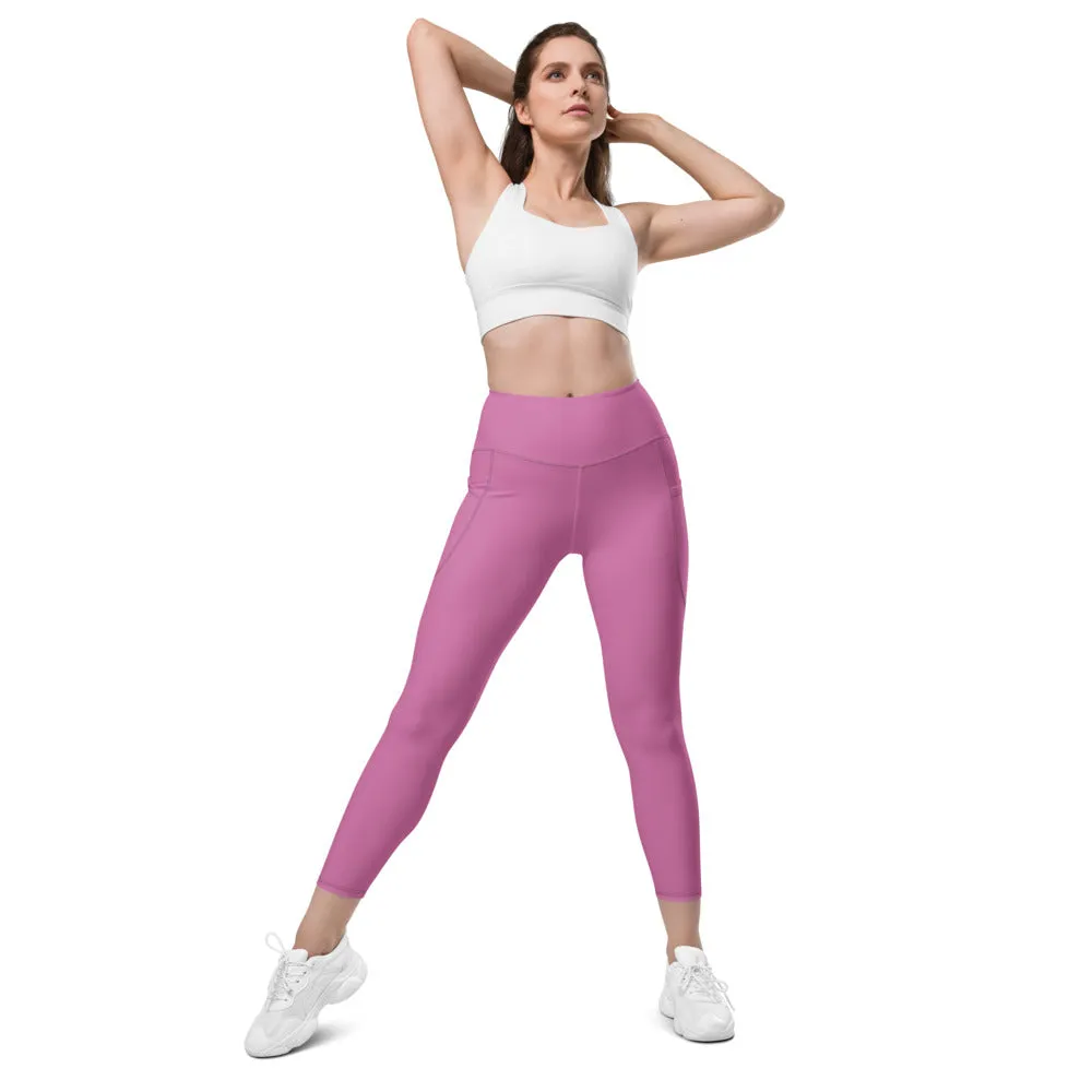 Baby Pink Color Women's Tights, Women's 7/8 Leggings With 2 Side Pockets - Made in USA/EU/MX