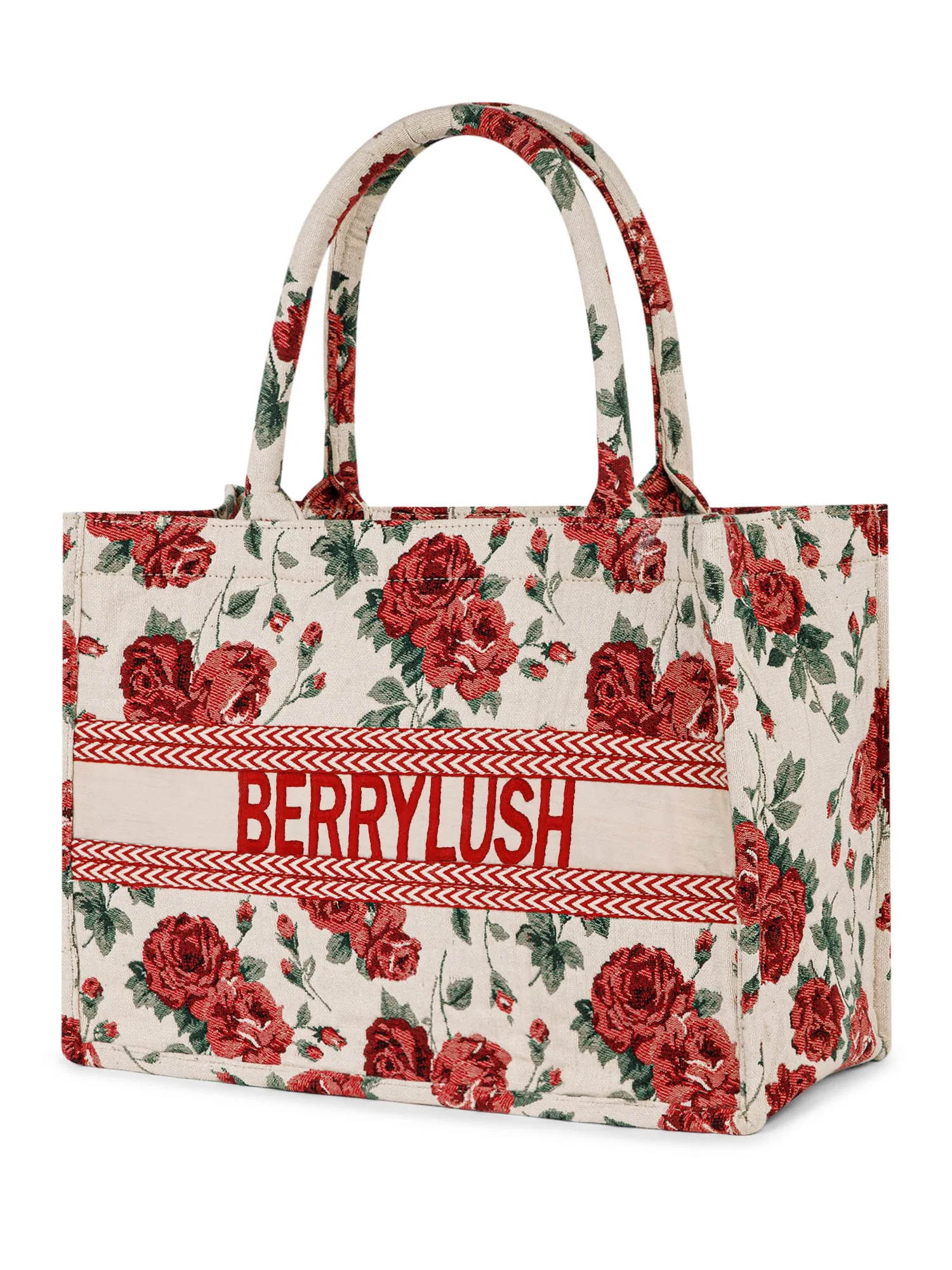 Berrylush Women Beige & Red Floral Printed Polyester Zipper-Up Embroidered Tote Bag