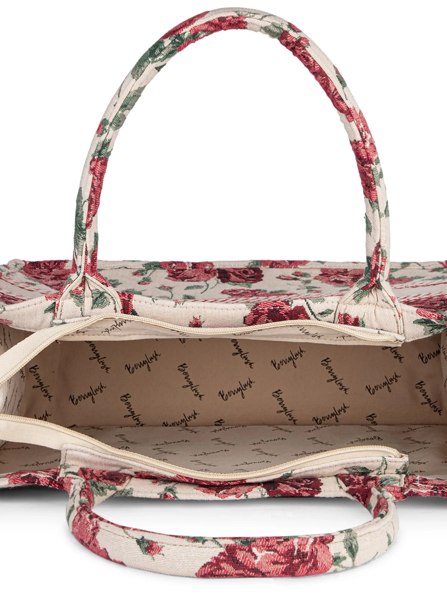 Berrylush Women Beige & Red Floral Printed Polyester Zipper-Up Embroidered Tote Bag