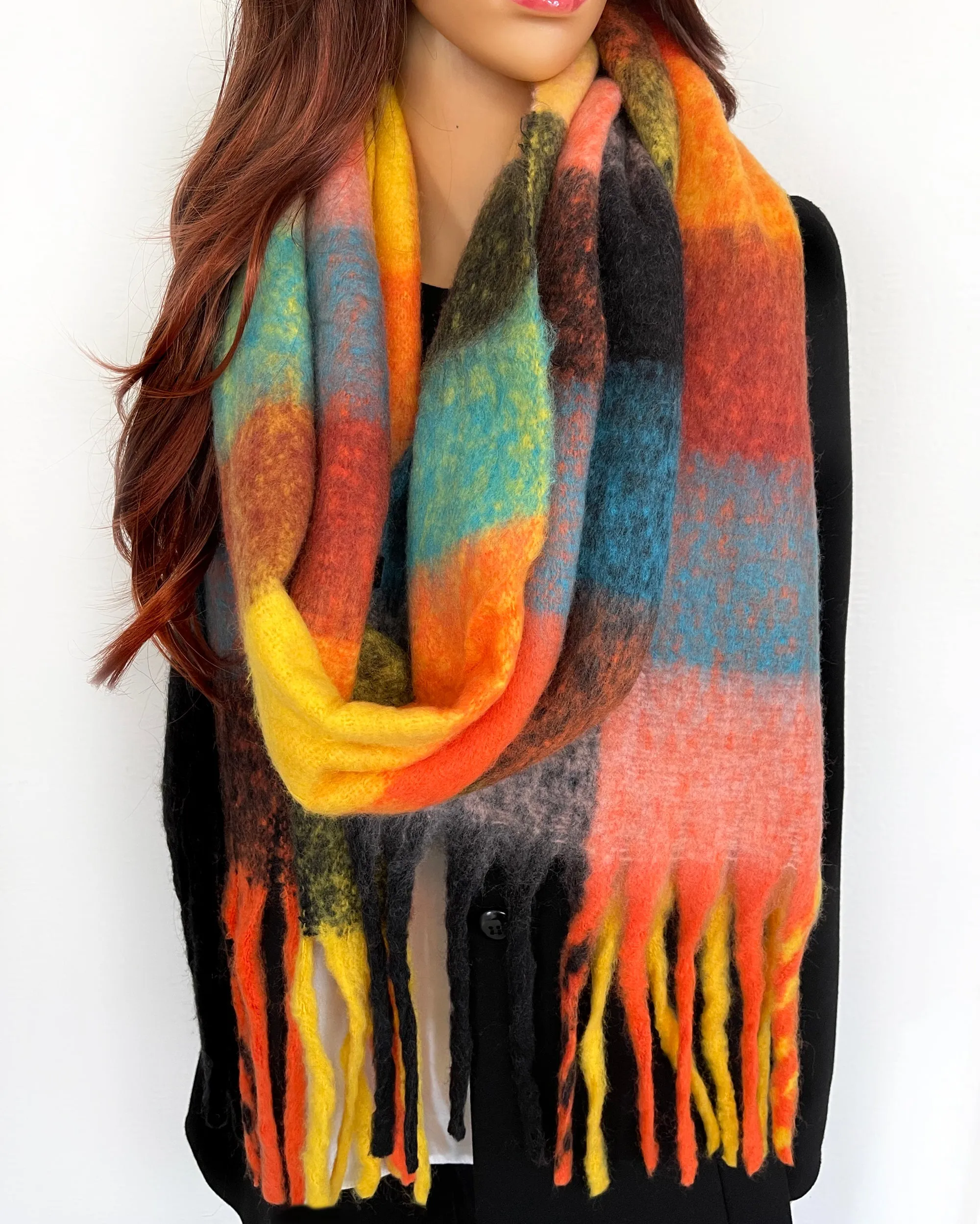 BLACK CHECKED WOOL RAINBOW BLANKET SCARF OVERSIZED WINTER SHAWL WRAP