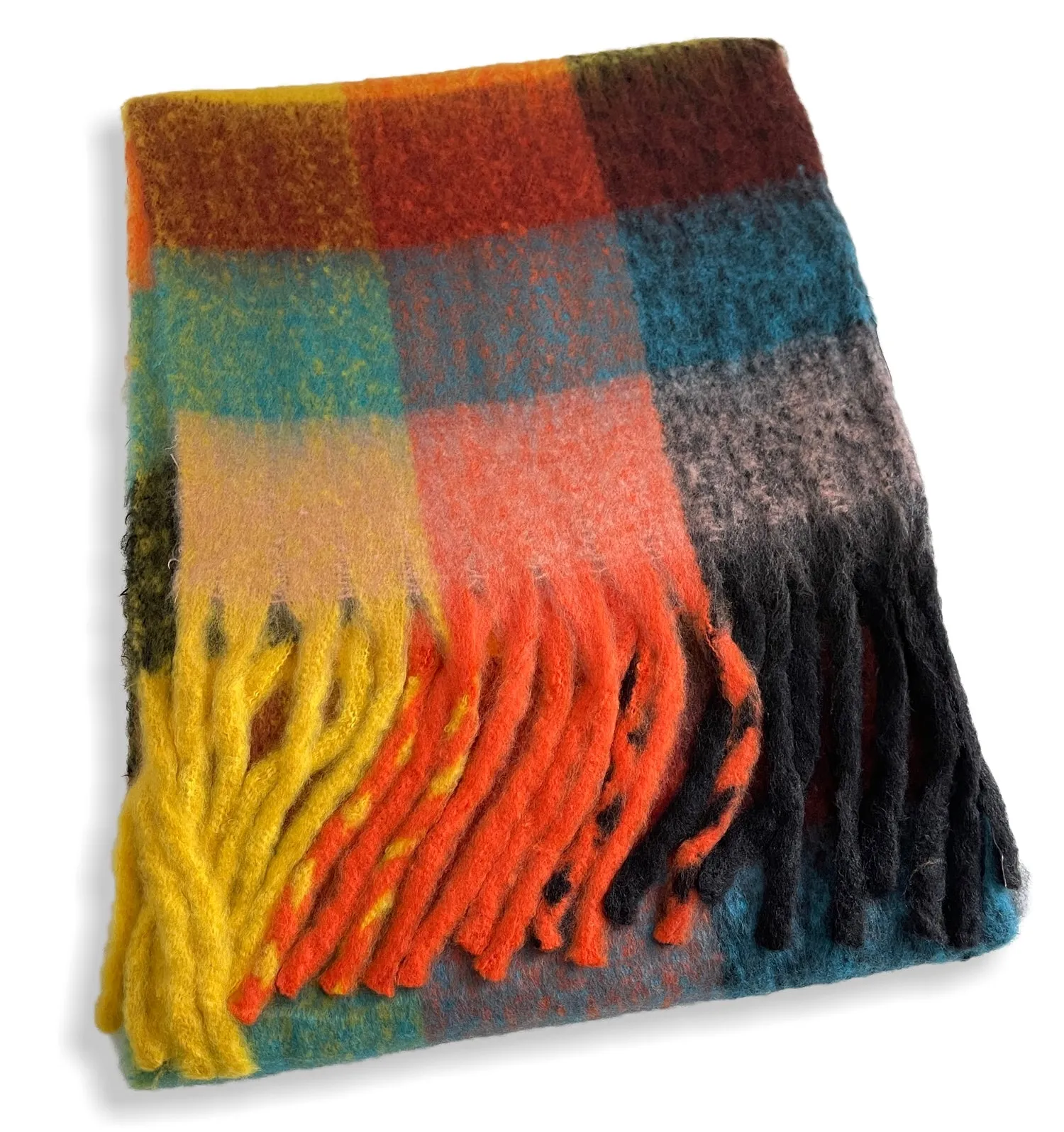 BLACK CHECKED WOOL RAINBOW BLANKET SCARF OVERSIZED WINTER SHAWL WRAP