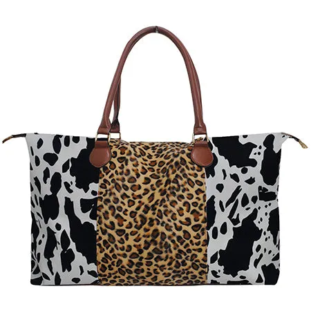 Black Cow With Leopard Faux Fur Weekender Bag