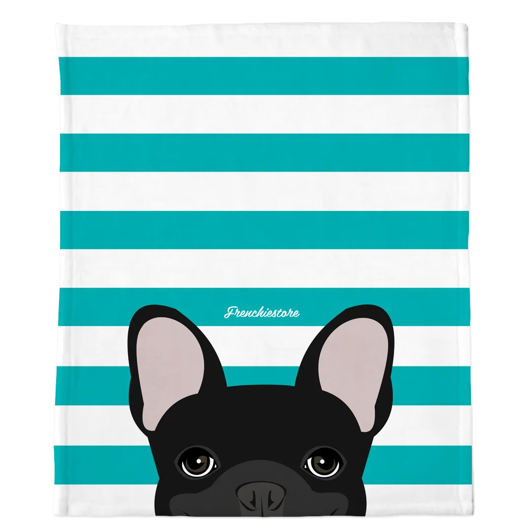 Black French Bulldog on Teal Stripes | Frenchie Blanket