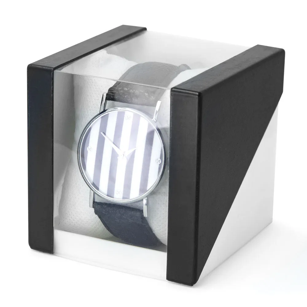 Black Leatherette Strap Watch With Black and White Stripe Face