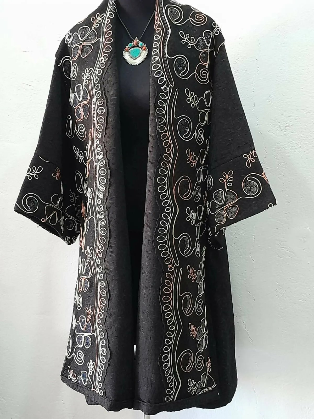 Black Moroccan Embroidered Kimono