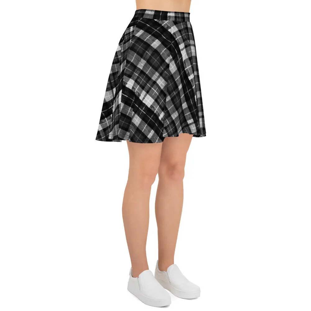 Black Plaid Women's Skater Skirt, Tartan Print Elastic Skirt For Women-Made in USA/EU