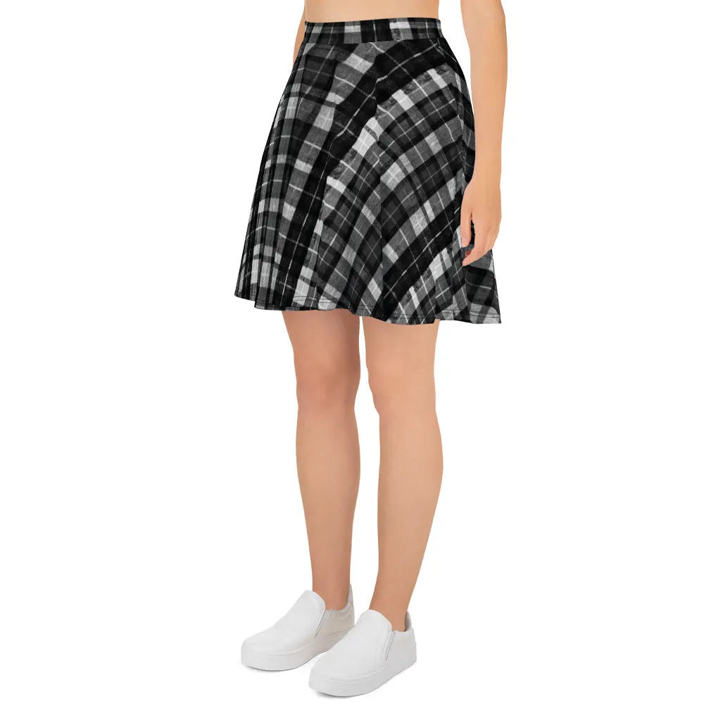 Black Plaid Women's Skater Skirt, Tartan Print Elastic Skirt For Women-Made in USA/EU