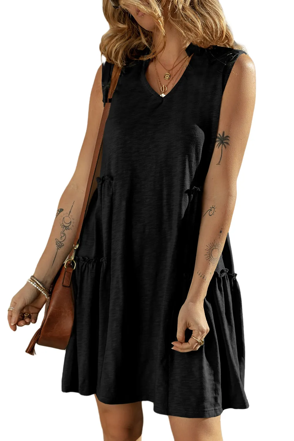 Black Split V Neck Tiered Flowy Sleeveless Dress