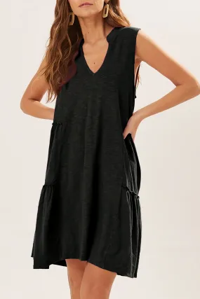 Black Split V Neck Tiered Flowy Sleeveless Dress