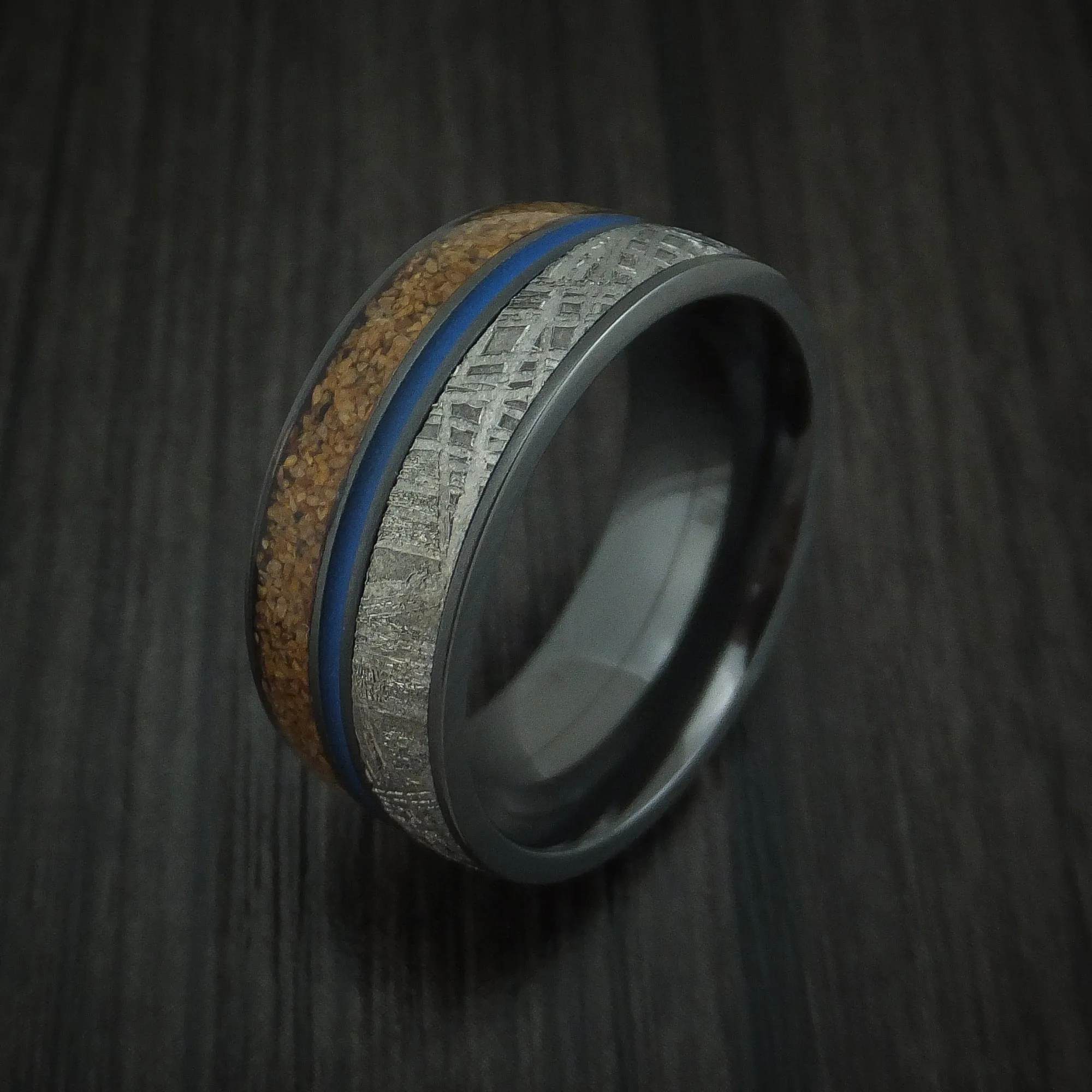 Black Titanium Tan Dinosaur Bone and Gibeon Meteorite Men's Ring with Cerakote Inlay Custom Made Fossil Band