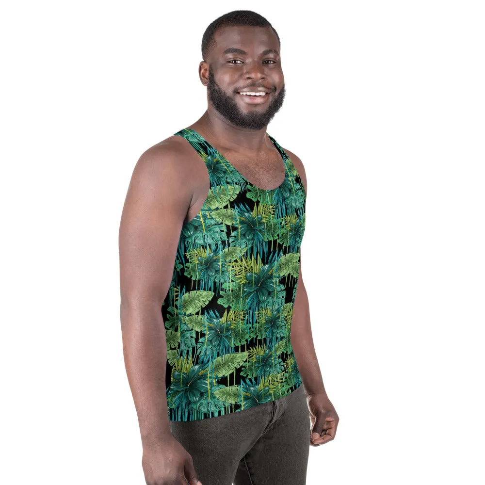 Black Tropical Unisex Tank Top, Green Leaf Best Print Men's Fashion Tank Top-Made in USA/EU