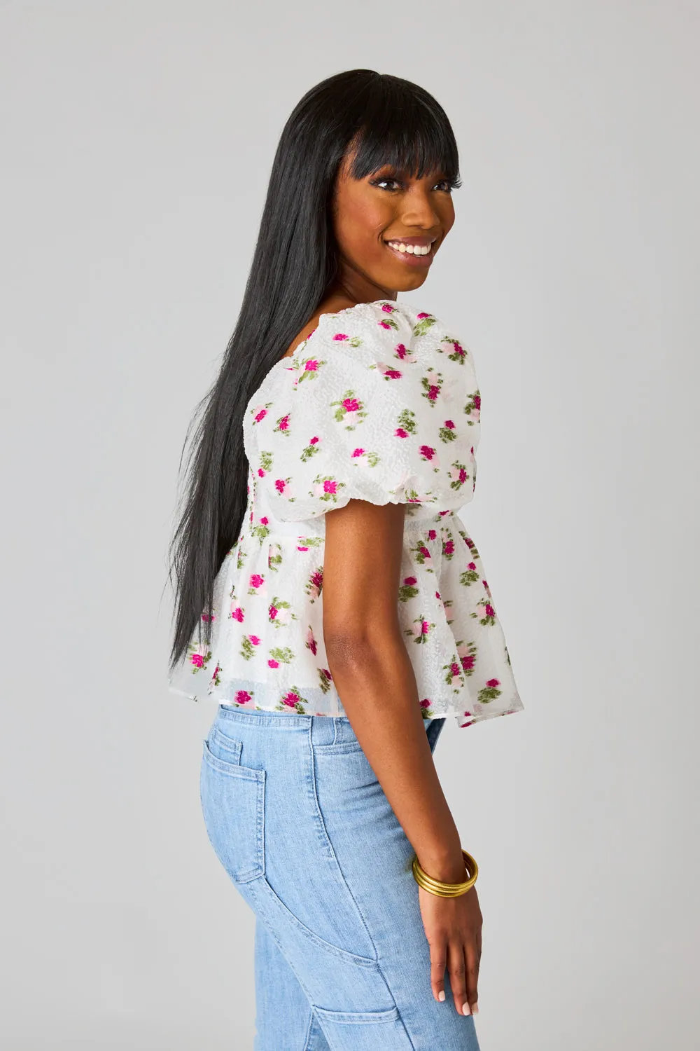 Blakely Peplum Short Sleeve Top - Calla Lily