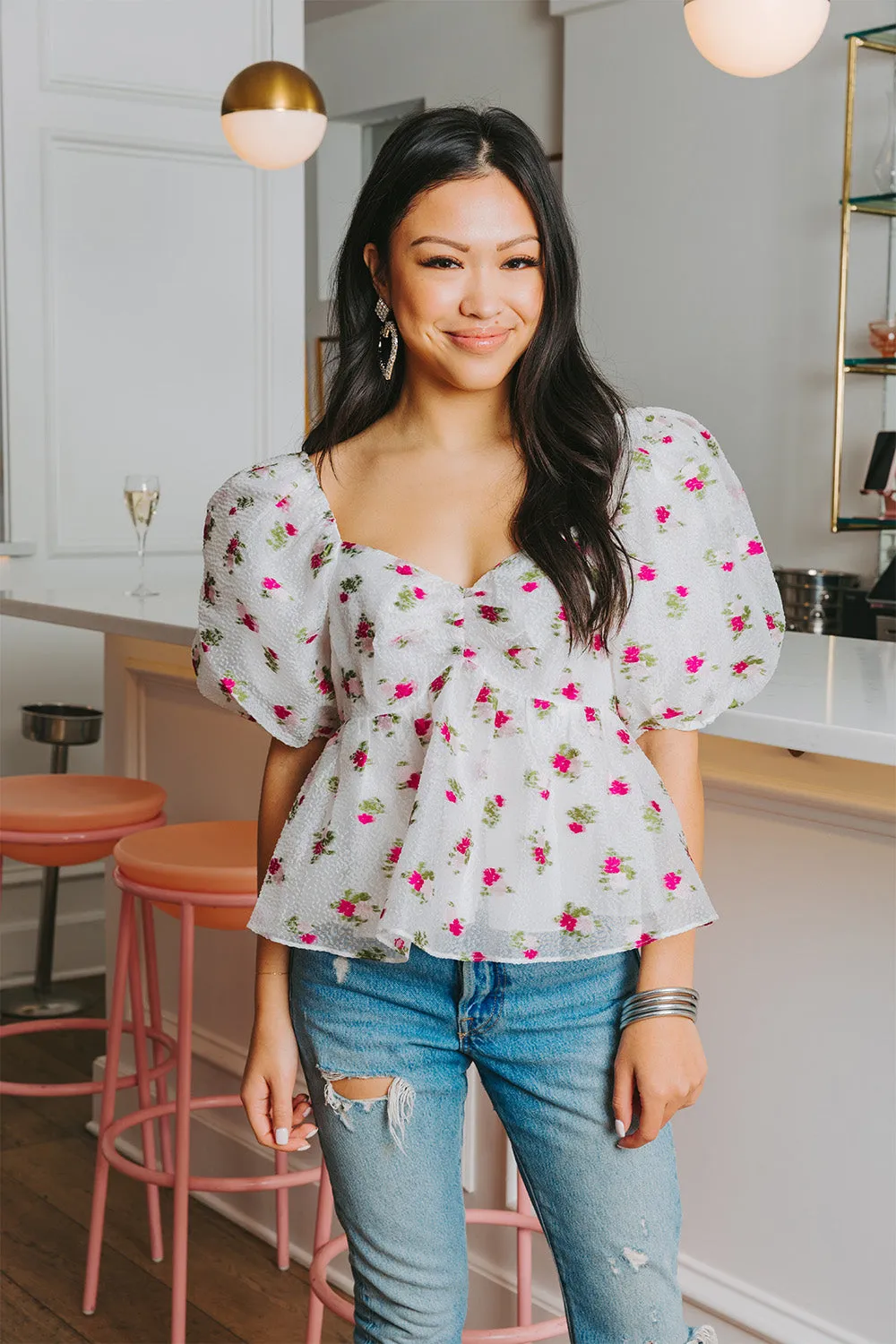 Blakely Peplum Short Sleeve Top - Calla Lily