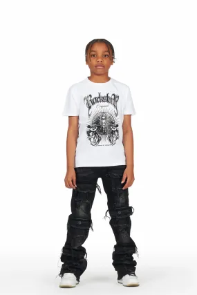 Boys Adeben White/Black T-Shirt Super Stacked Flare Jean Set