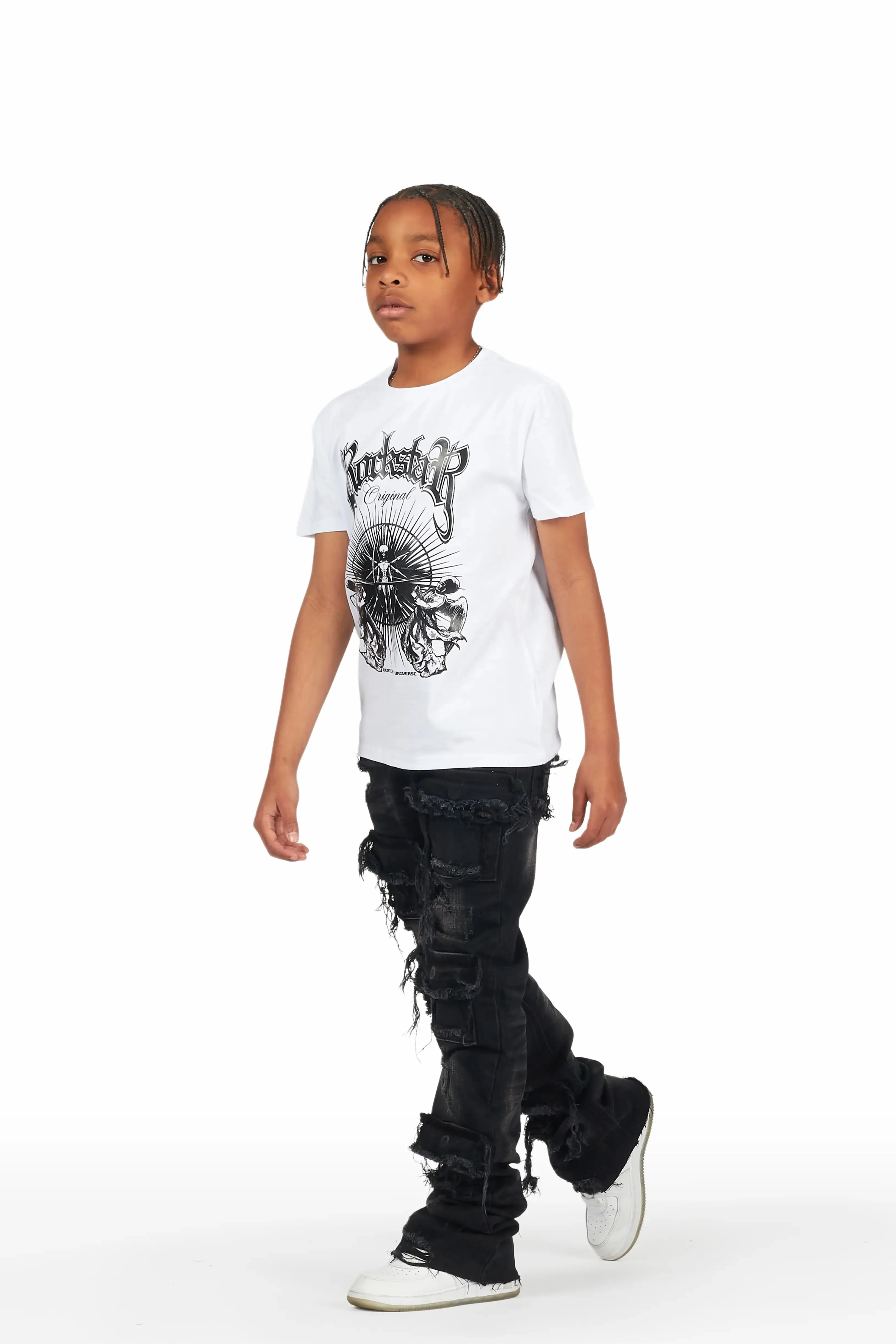 Boys Adeben White/Black T-Shirt Super Stacked Flare Jean Set