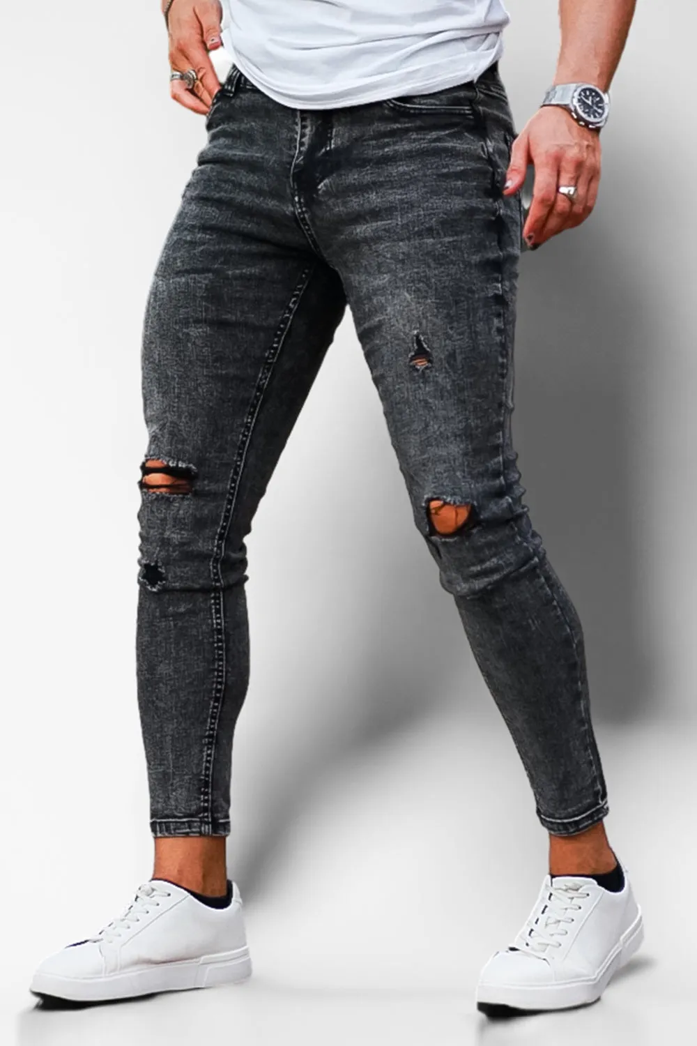 Buy $80 Free Shipping Men's Dark Gray Ripped Jean