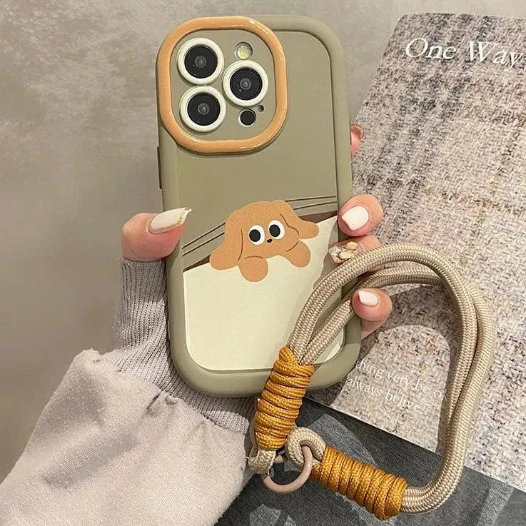 Cartoon Cat Puppy Cute Phone Case with Lanyard for iPhone 15 Pro Max, 14, 13, 11, 12