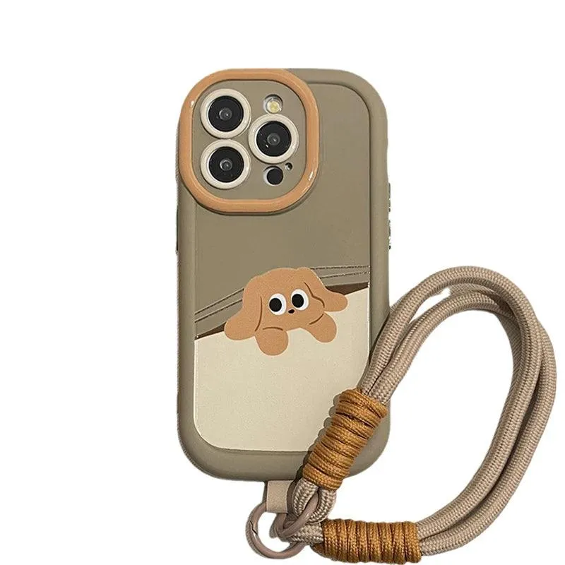 Cartoon Cat Puppy Cute Phone Case with Lanyard for iPhone 15 Pro Max, 14, 13, 11, 12