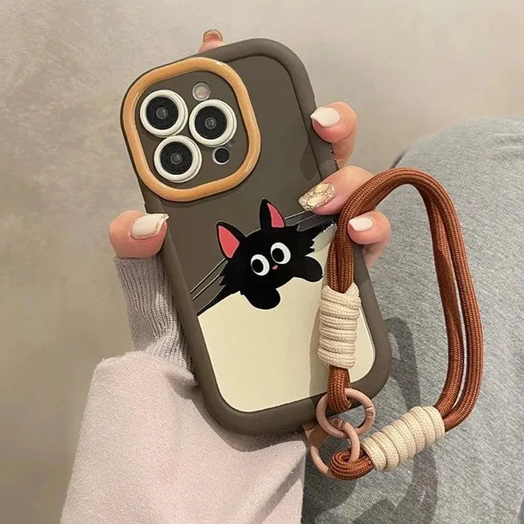 Cartoon Cat Puppy Cute Phone Case with Lanyard for iPhone 15 Pro Max, 14, 13, 11, 12