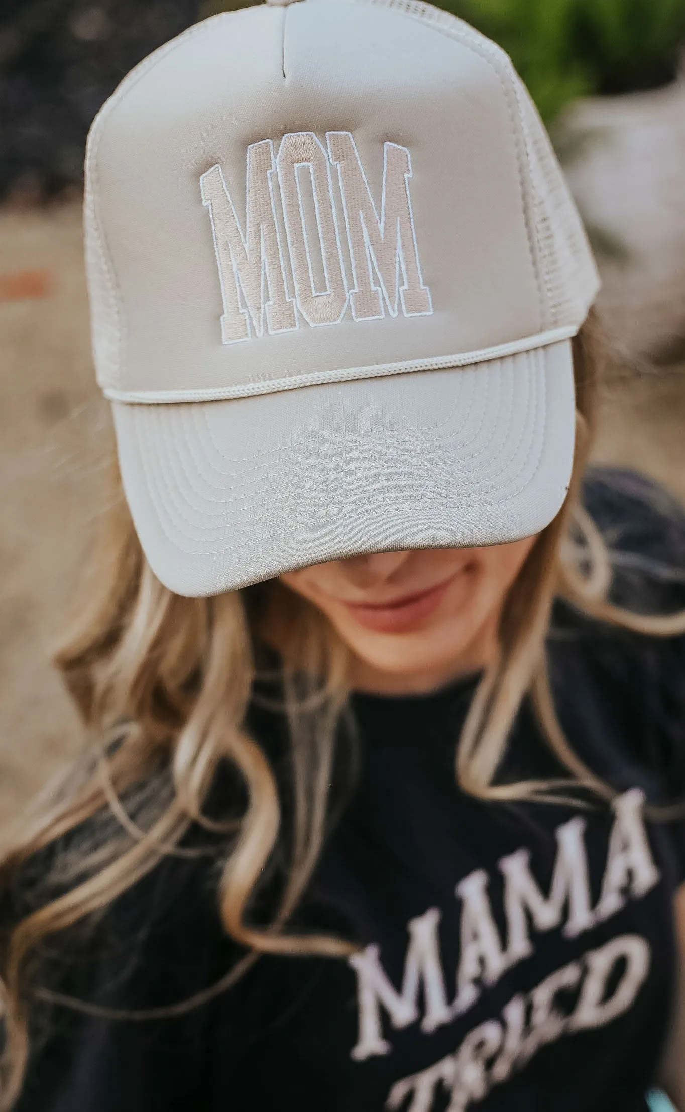 charlie southern: mom block tan trucker hat