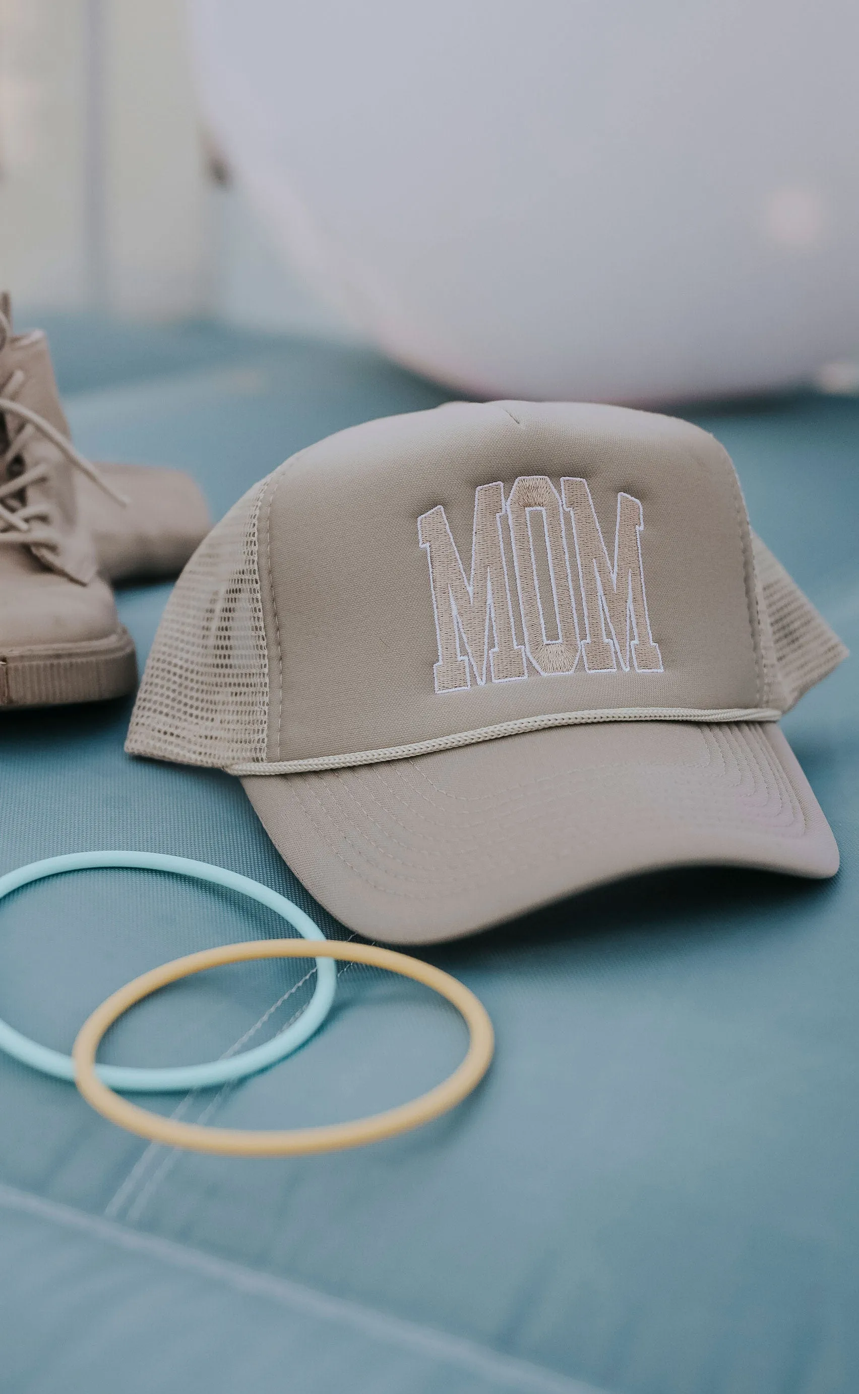 charlie southern: mom block tan trucker hat