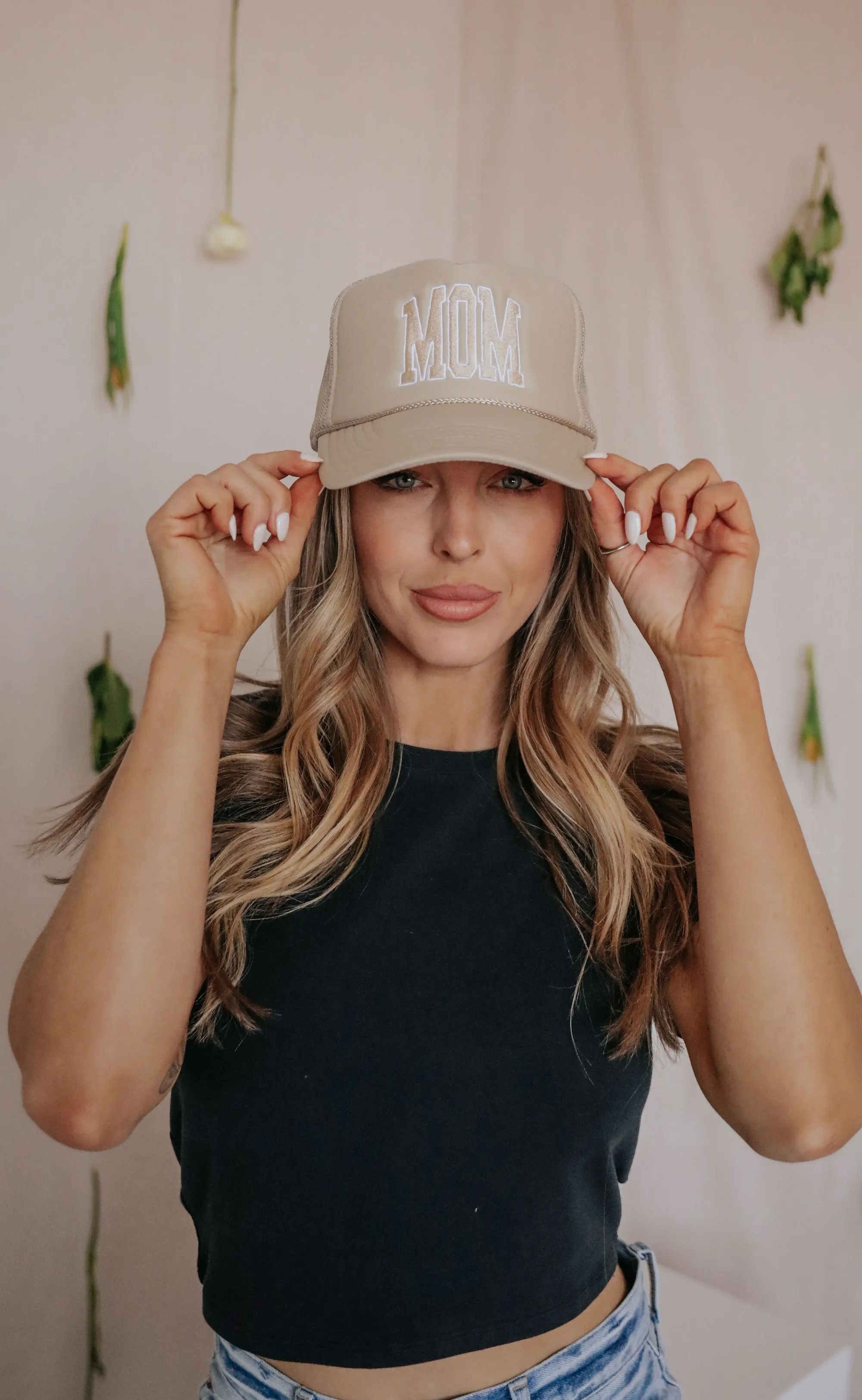 charlie southern: mom block tan trucker hat